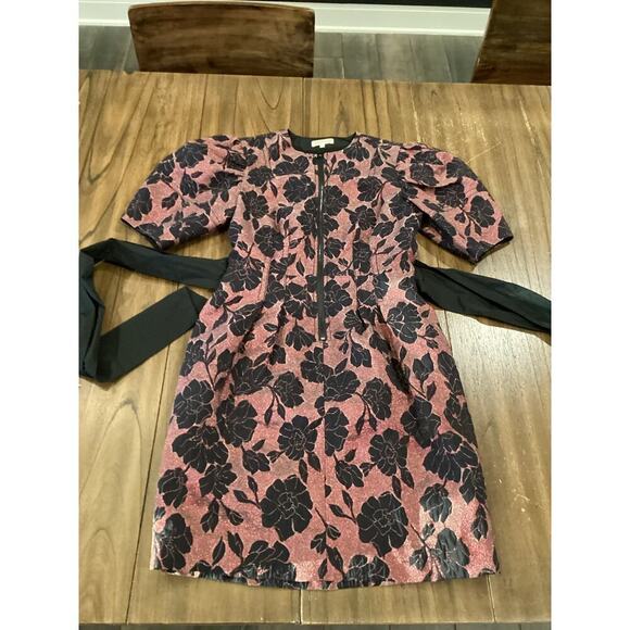Rebecca Taylor puff sleeve brocade jacquard floral bow belt cocktail mini dress - Picture 4 of 13